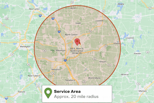Approximate 20 mile service area around North Canton, Ohio